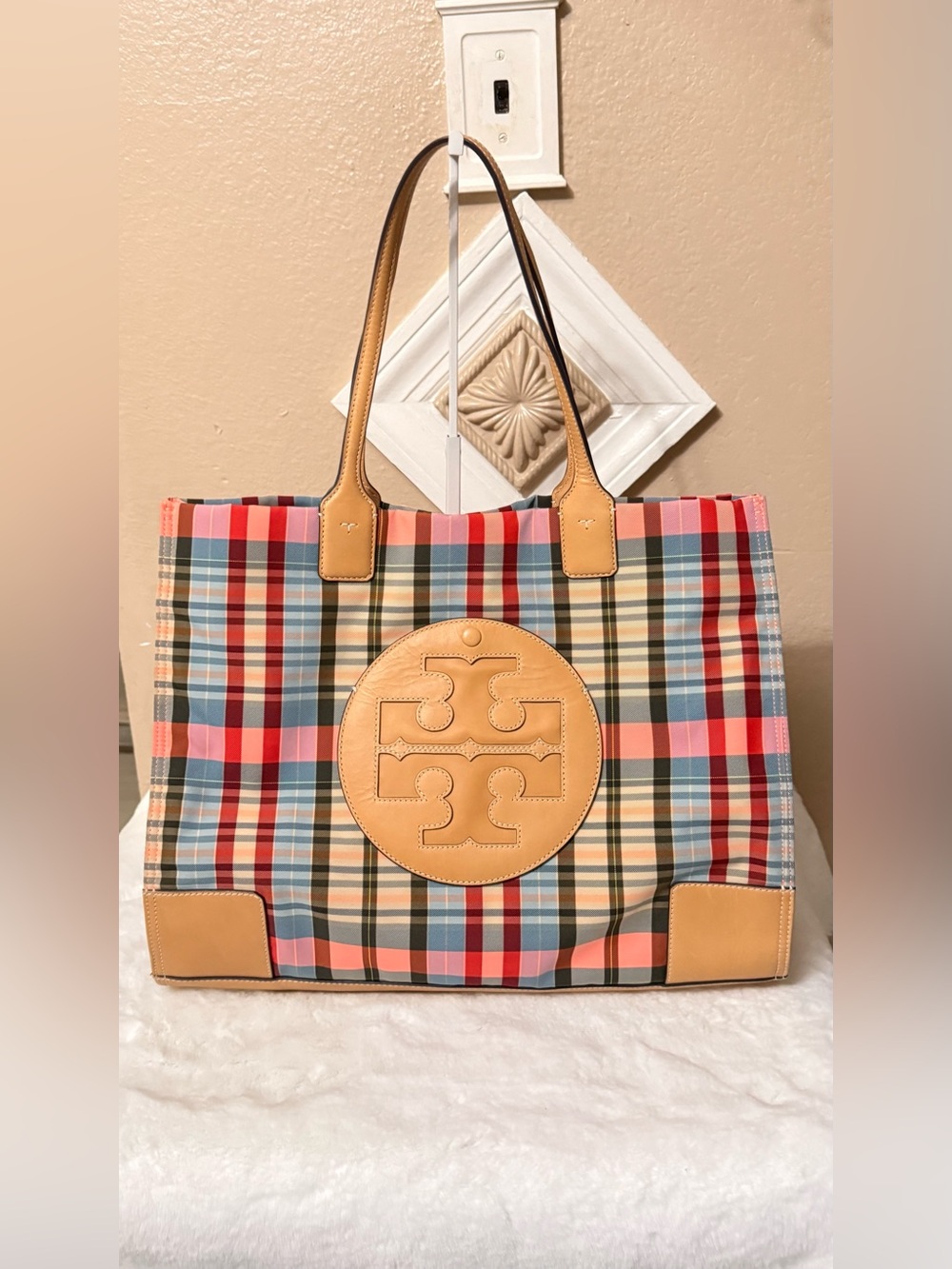 Tory Burch Multicolor Plaid Tote with Tan Leather Trim - Picture 1 of 13